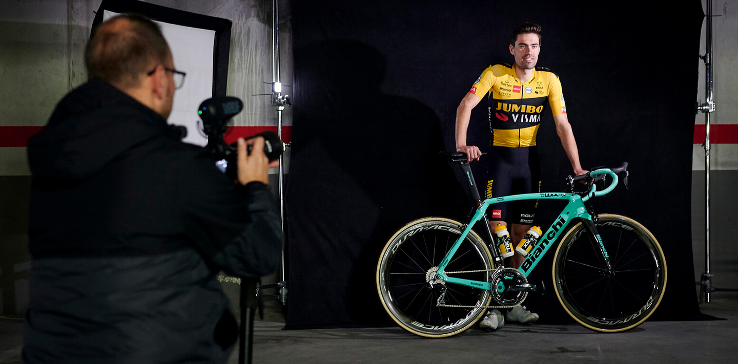 Team Jumbo-Visma rider posing with his bike