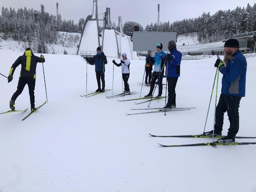 Coach Jari Isometsä demonstrates cross-country skiing technique for our employees in Lahti.