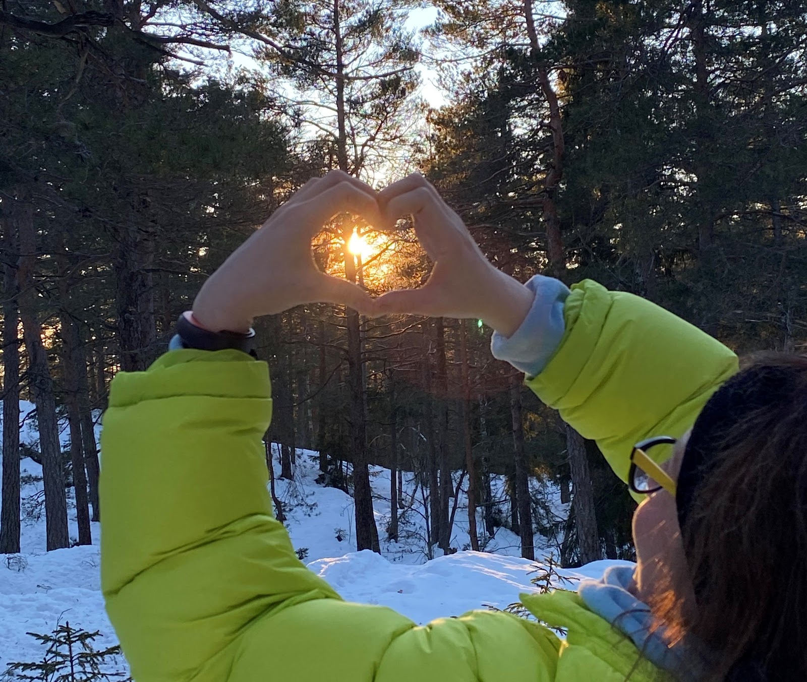 Hands making a heart in the sunset outdoors