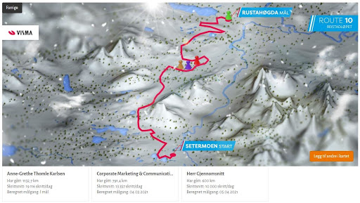 Employees can follow their progress and their colleagues on the map of the real Visma Ski Classics races.