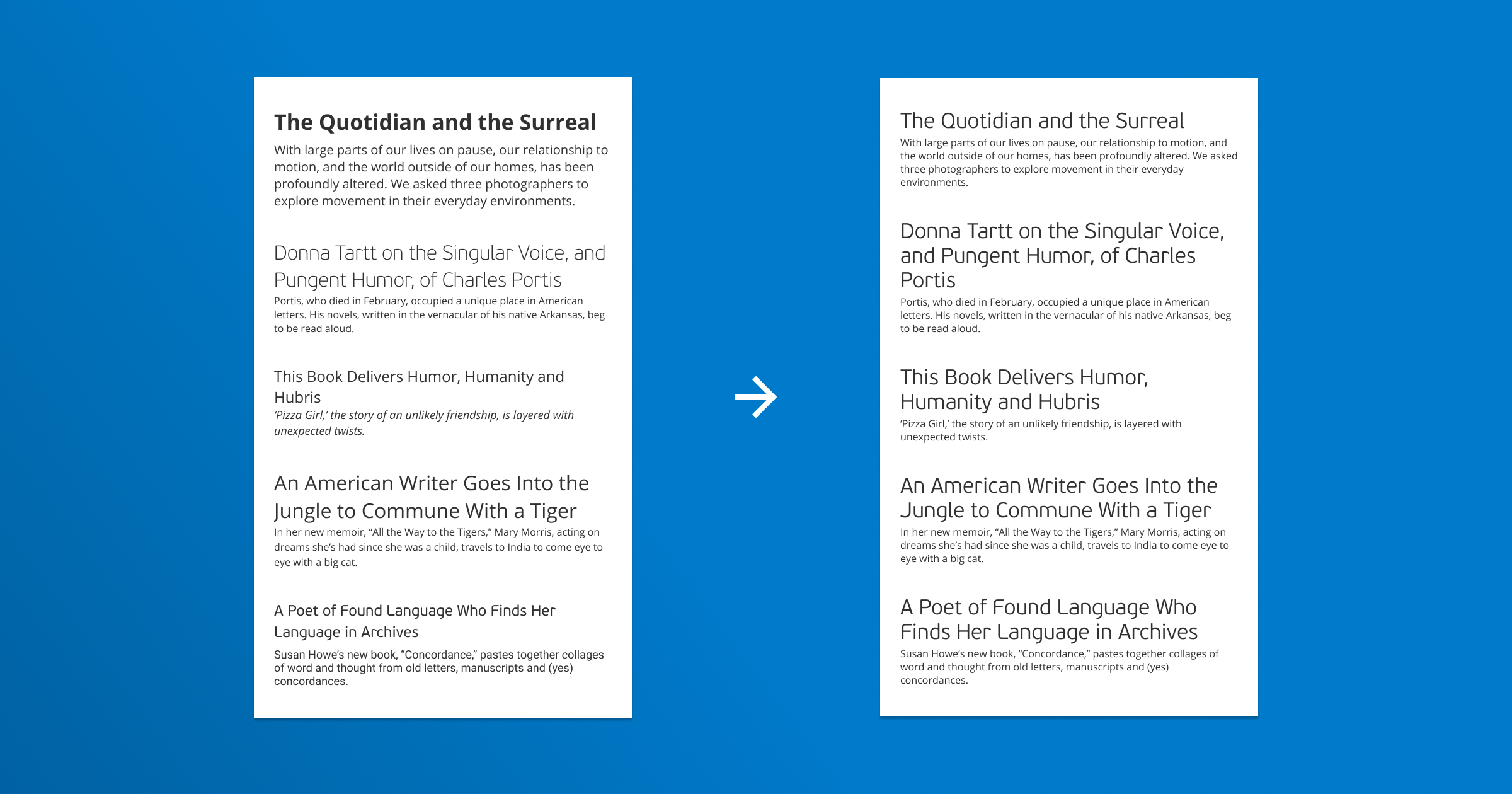 Before: Articles with different fonts and sizes for titles and body text. After: Same styling for same elements.