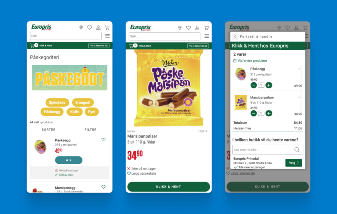 Screenshots from Europris Click & Collect solution from category to product to cart