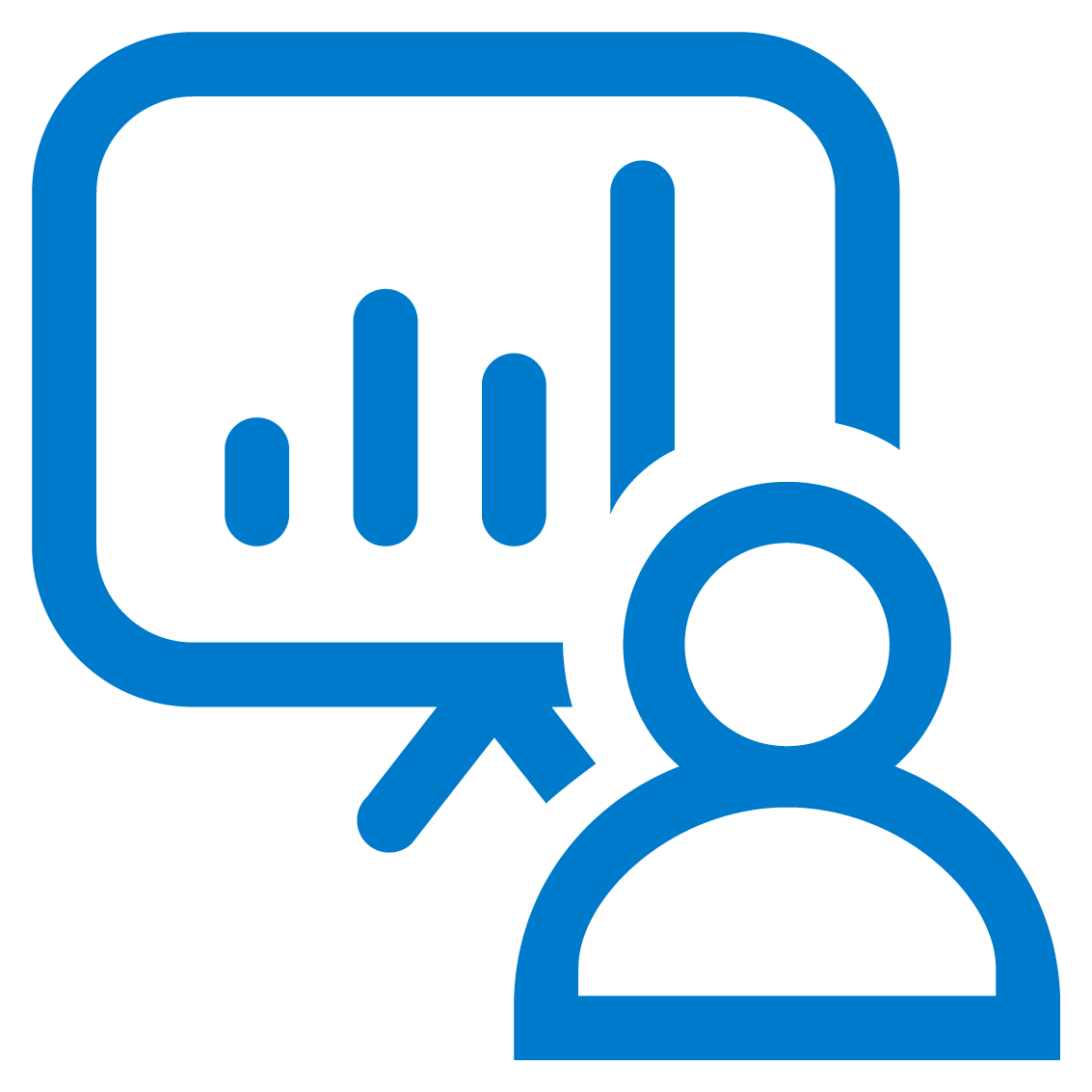 Blue person in front of a presentation with graphs