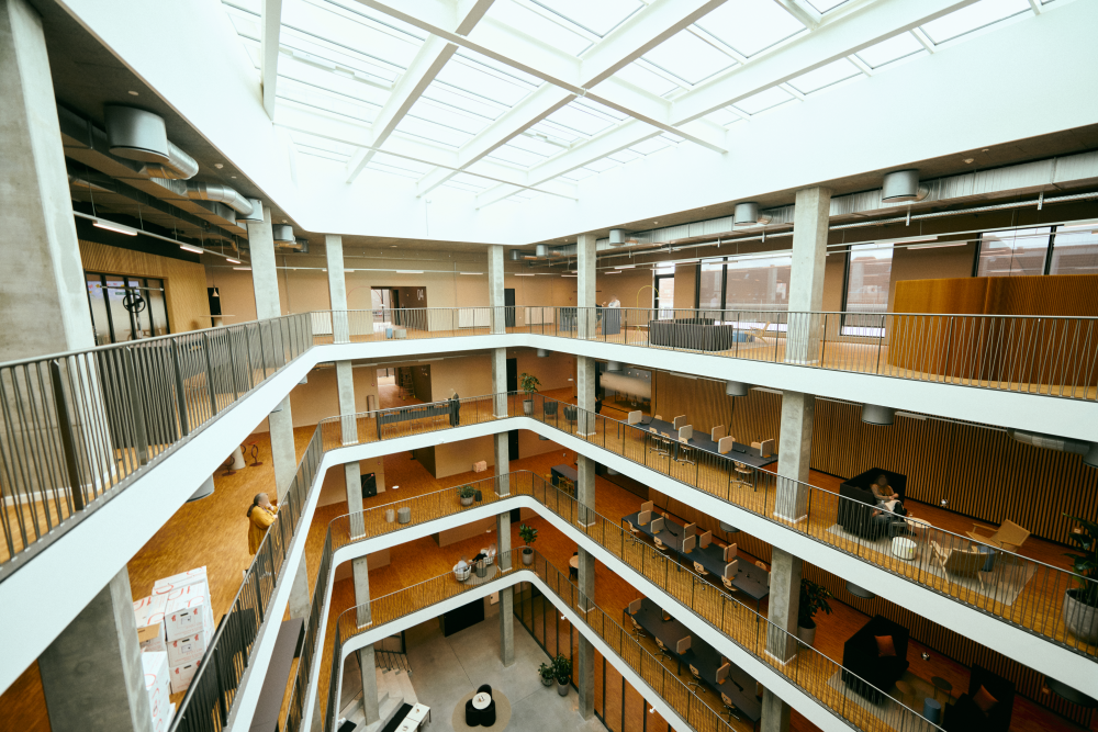 View of the inside atrium of the new office building