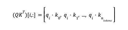 Math formula: Row i of Q times K transposed equals open bracket dot product of qi and k0 comma dot product of qi and k1 comma dot dot dot comma dot product of qi and k ntokens close bracket