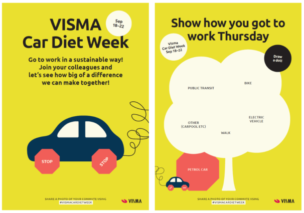 Two posters, the first giving colleagues a heads-up that the campaign was coming, and the second allowing people to mark which transit method they used each day.